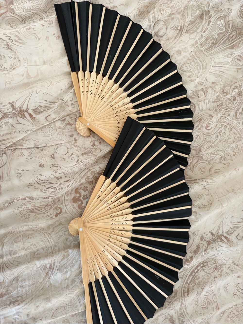 2 Black Hand Fans with Natural Wood Frame - Elegant Folding Fans